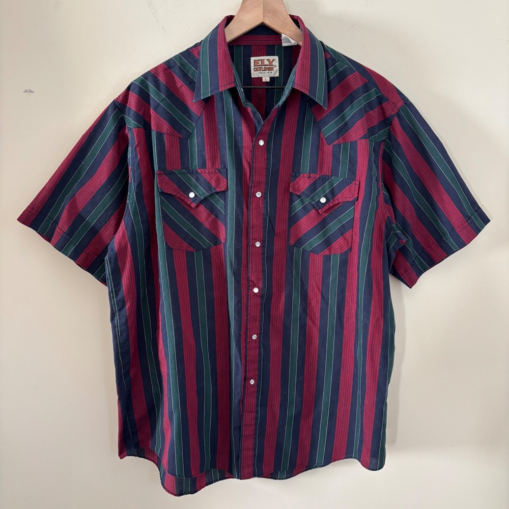 Ely Cattleman Mens Large Western Pearl Snap Shirt Short Sleeve Striped Multi